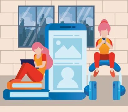 Young couple using laptop and smartphone 库存插图