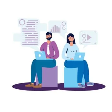 Young couple using laptop and social media tech Illustrazione stock