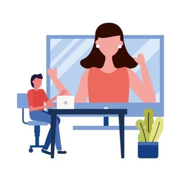 Young couple using laptop and desktop connecting technology characters Stock Illustration
