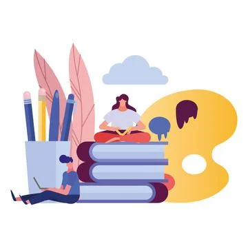 Young couple using laptop and reading book creative characters 스톡 일러스트