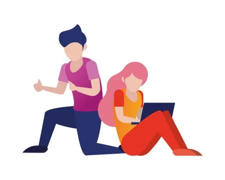 Young couple using laptop avatars characters 库存插图