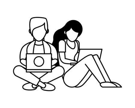 Young couple using laptop avatars characters 库存插图