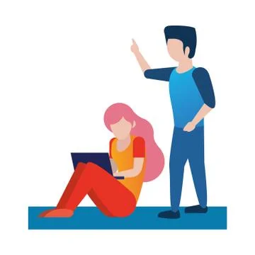 Young couple using laptop avatars characters 库存插图