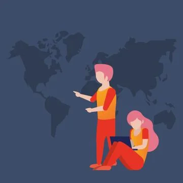 Young couple using laptop avatars characters 库存插图