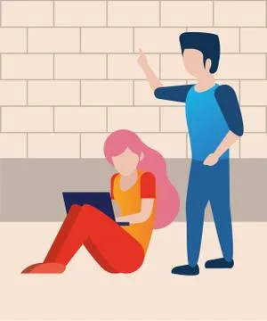 Young couple using laptop avatars characters 库存插图