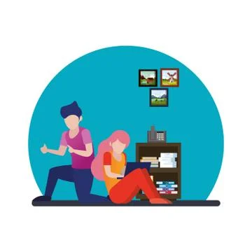 Young couple using laptop avatars characters 库存插图