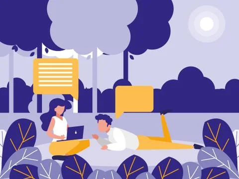 Young couple using laptop in the landscape 스톡 일러스트