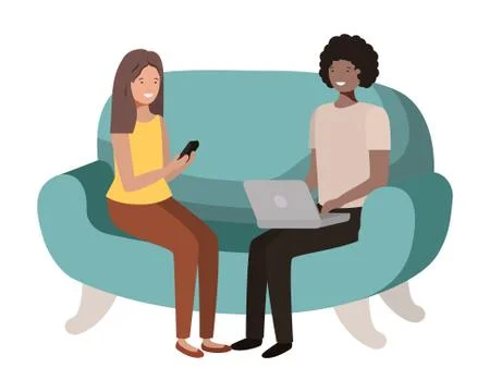 Young couple using laptop in the sofa avatar character 스톡 일러스트