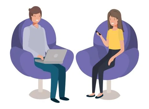 Young couple using laptop in the sofa イラスト素材