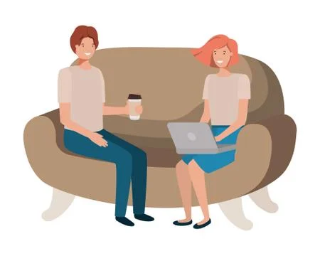 Young couple using laptop in the sofa avatar character 스톡 일러스트