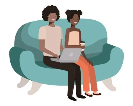 Young couple using laptop in the sofa avatar character Illustrazione stock
