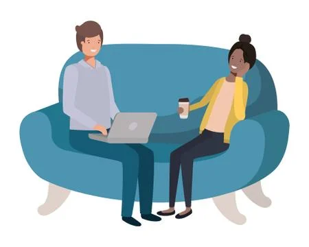 Young couple using laptop in the sofa avatar character 스톡 일러스트