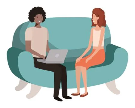 Young couple using laptop in the sofa avatar character 스톡 일러스트