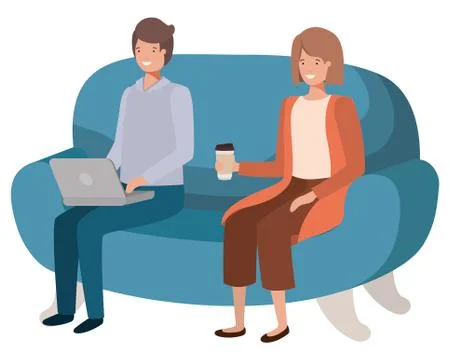 Young couple using laptop in the sofa avatar character Illustrazione stock