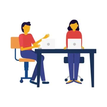 Young couple using laptop in workplace connecting technology characters Illustrazione stock