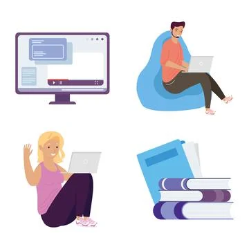 Young couple using laptops and set icons education online Stock Illustration
