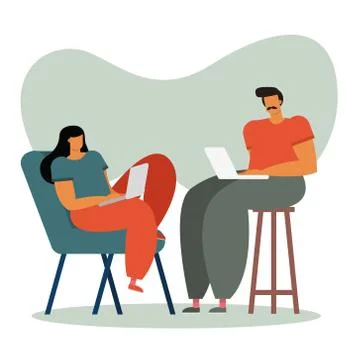 Young couple using laptops working in the house イラスト素材