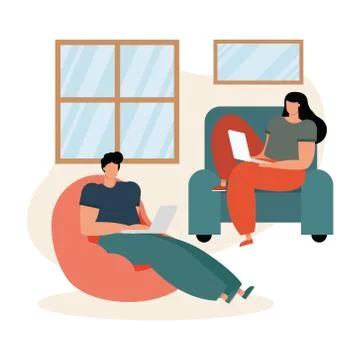 Young couple using laptops working in the livingroom Stock Illustration