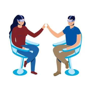 Young couple using reality virtual tech in chair Illustrazione stock