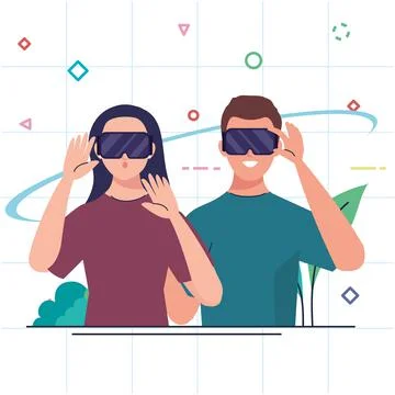 Young couple using reality virtual masks technology devices Illustrazione stock