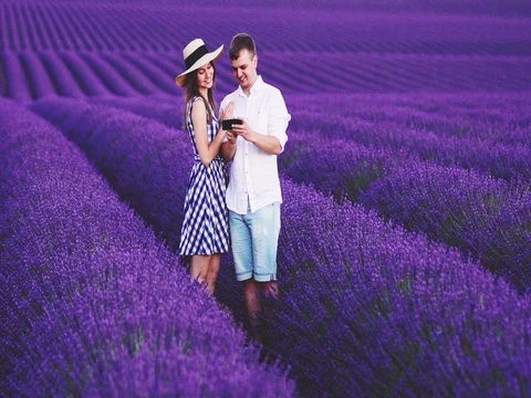 Young Couple Using Smart Phone in Endless Lavender Fields. SLOW MOTION 120 FPS. 스톡 동영상 73434707