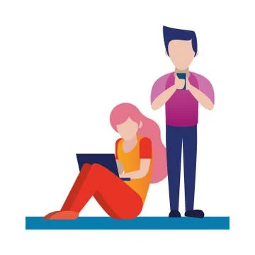 Young couple using smartphone and laptop characters 库存插图