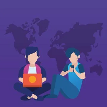Young couple using smartphone and laptop characters 库存插图