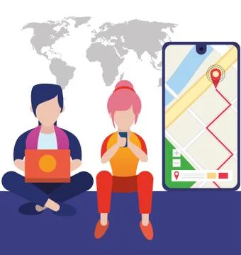 Young couple using smartphone and laptop characters 库存插图