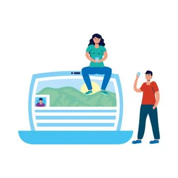 Young couple using smartphone and laptop Stock Illustration