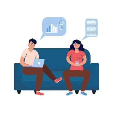 Young couple using smartphone and laptop in sofa connecting technology イラスト素材