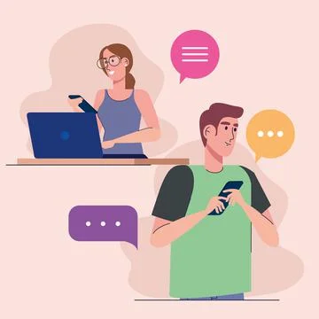 Young couple using smartphone and laptop characters Illustrazione stock