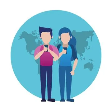 Young couple using smartphone avatars characters Illustrazione stock