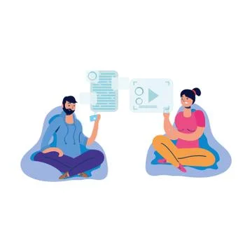 Young couple using smartphone with social media tech in sofa 스톡 일러스트