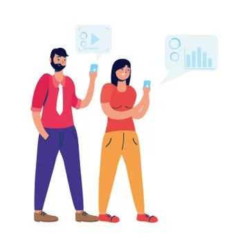 Young couple using smartphone with social media tech Stock Illustration