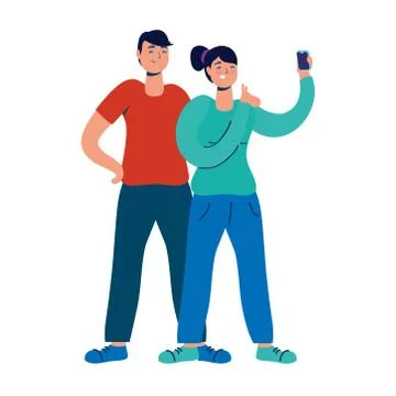 Young couple using smartphone technology characters Illustrazione stock