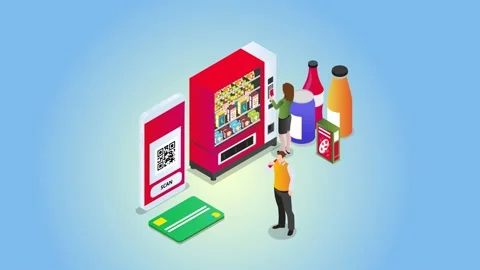 Young couple using smartphone on vending machine Stock Footage 169981013
