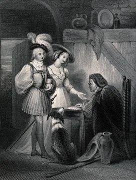 A young couple visit a fortune teller to have their future predicted. Engra.. Stock Illustration