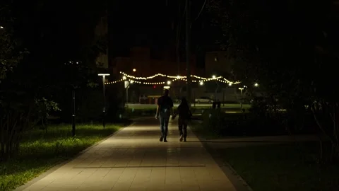 Young couple walking along illuminated city park path at night. Stock Footage 342373268