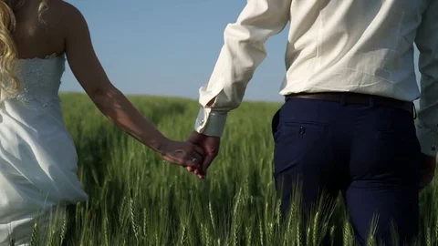 A young couple is walking along the wheat field holding hands. Stock Footage 84030607