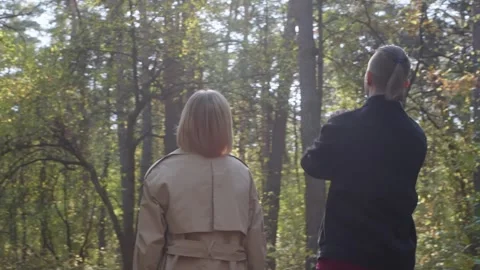 Young couple walking and talking in a forest Stock Footage 314631656