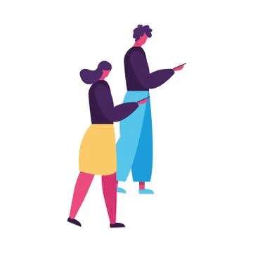 Young couple walking and using smartphones avatars characters Stock Illustration
