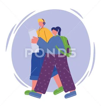Young couple walking with map and listen music Stock Illustration