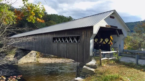 Young Couple Walking Out of Covered Bridge in Vermont, New England Stock Footage 98416077