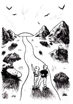 Young couple walking on path into the light Stock Illustration