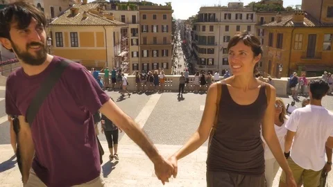 Young Couple Walking on Piazza di Spagna Stairs in Rome Stock Footage