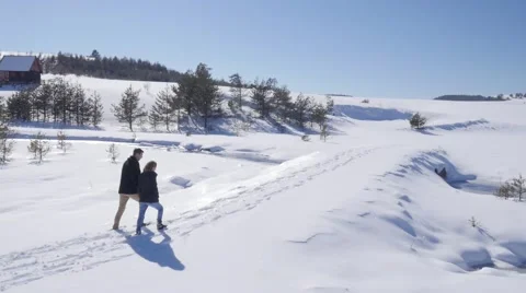 Young couple walking on the snow Video stock 58744454