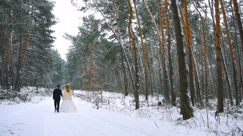 Young couple walking in winter forest holding hands and embracing in slow motion Stock Footage 83016636