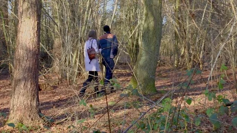 Young couple walking in the woods. Stock Footage 75404885
