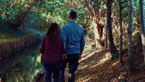 Young couple walks in a forest path near a small creek in autumn. Stock Footage 220489885