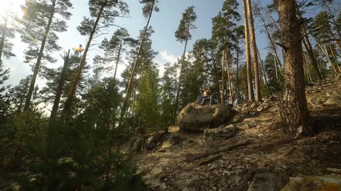 A young couple walks in a pine forest on stone rocks on a bright Sunny day. Stock Footage 99011316
